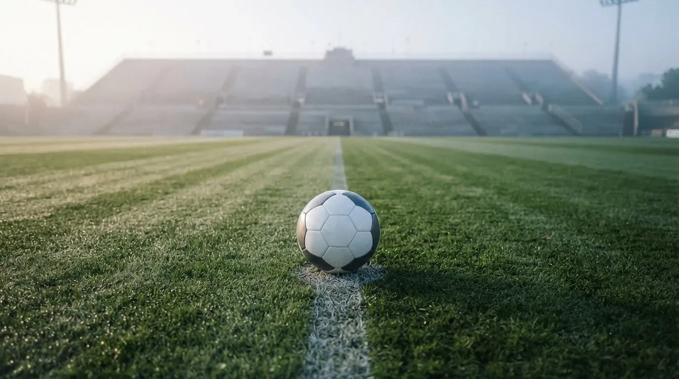 Ein einzelner Fussball liegt auf dem Anstosspunkt eines leeren Rasenplatzes am frühen Morgen, Tau glitzert auf dem Gras, die Tribüne liegt im Dunst.
