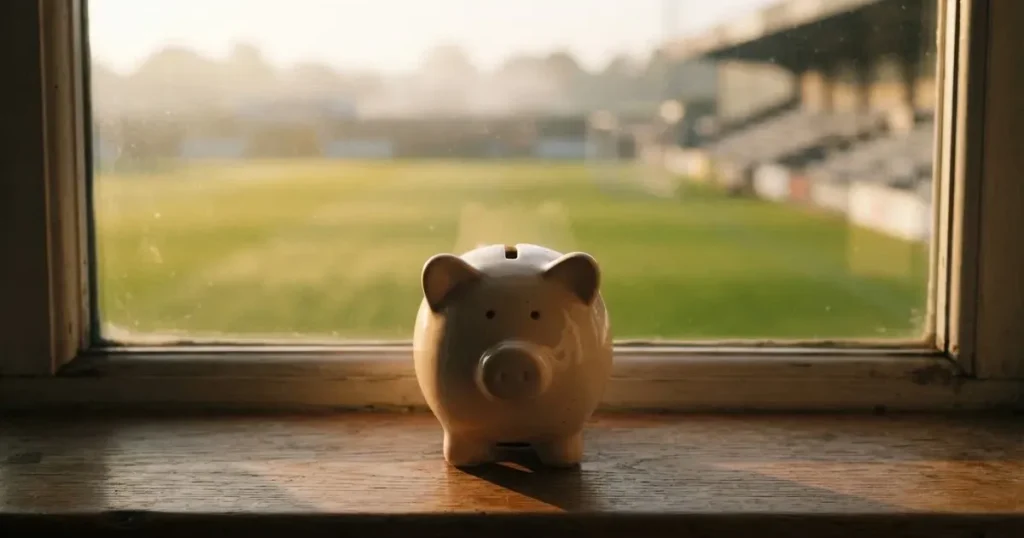 Ein kleines Sparschwein aus Keramik steht auf einem Fensterbrett, im Hintergrund ein verschwommener Rasenplatz im Morgenlicht.