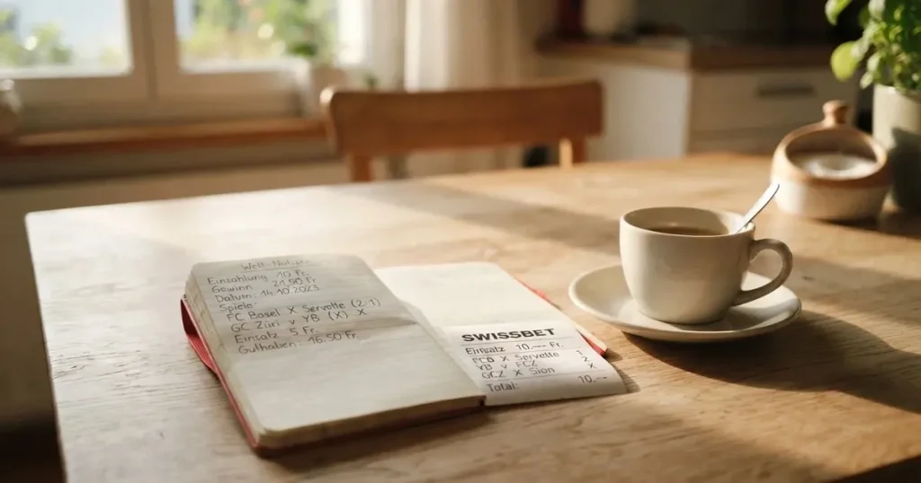 Ein Taschenrechner und ein Bleistift liegen auf einem hellen Küchentisch neben einer Tasse Kaffee, Sonnenlicht fällt schräg über die Tischplatte.