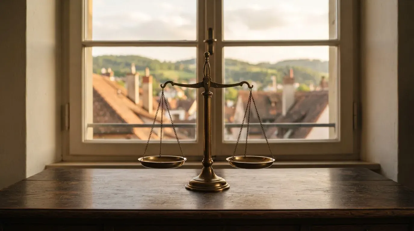 Eine Waage aus Messing steht auf einem polierten Schreibtisch vor einem Fenster mit Blick auf Dächer und sanfte Hügel.