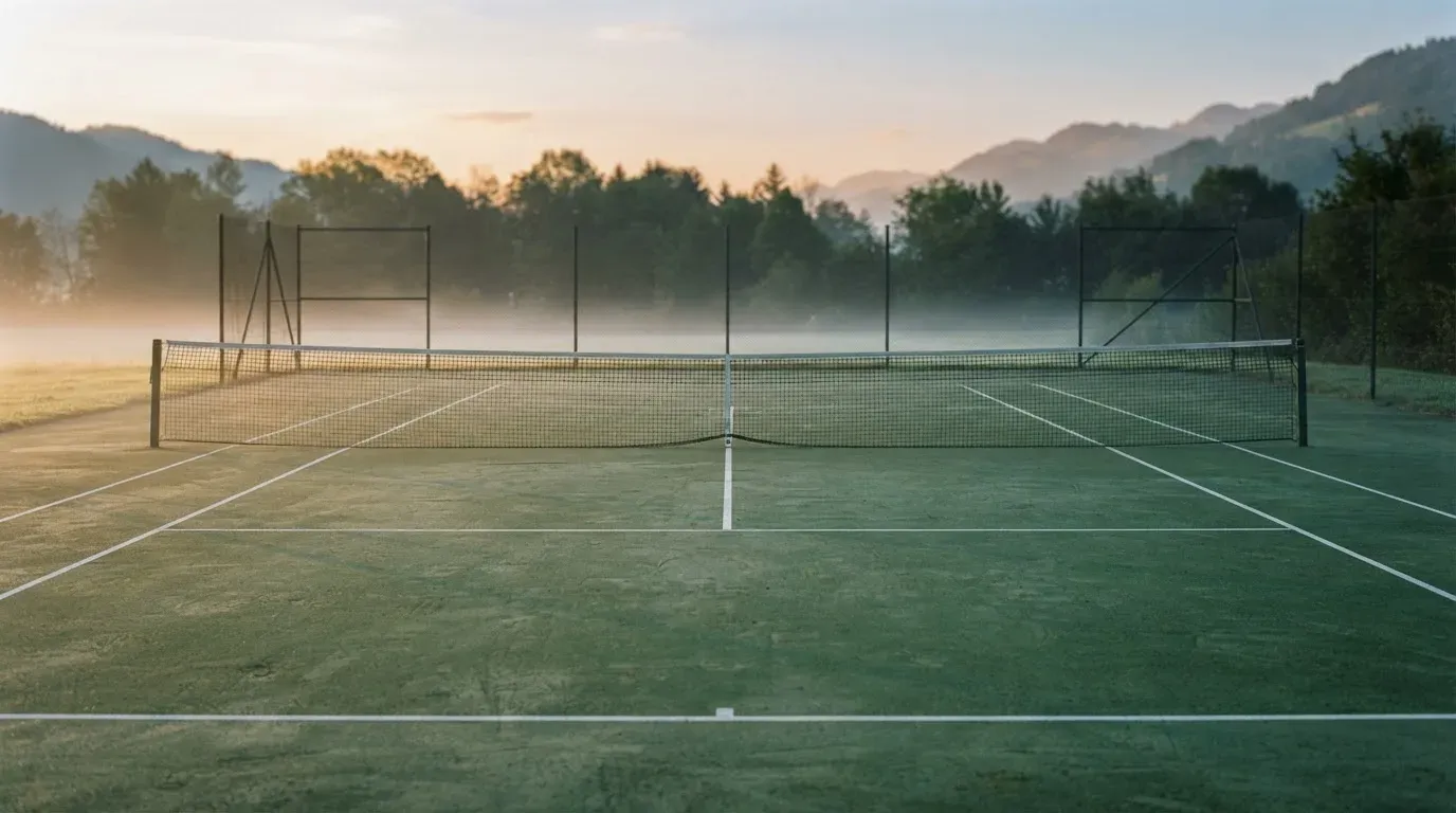 Ein Tennisplatz bei Sonnenaufgang, die Linien frisch gezogen, das Netz in der Mitte und Nebel über dem Boden.