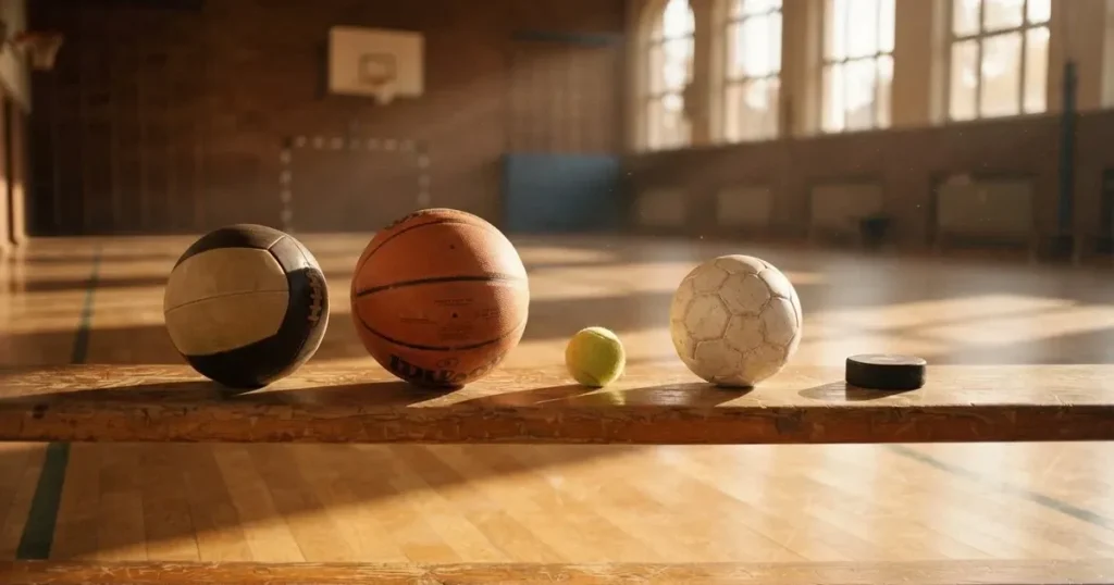 Fünf Sportbälle verschiedener Sportarten stehen in einer Reihe auf einer Holzbank in einer Turnhalle, Licht fällt durch hohe Fenster.