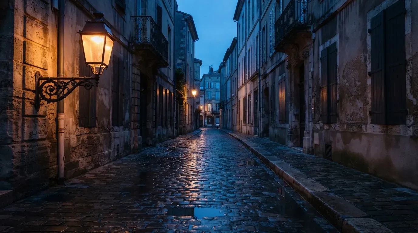 Eine Strassenlaterne in einer leeren Gasse am Abend, das nasse Kopfsteinpflaster spiegelt das warme Licht.