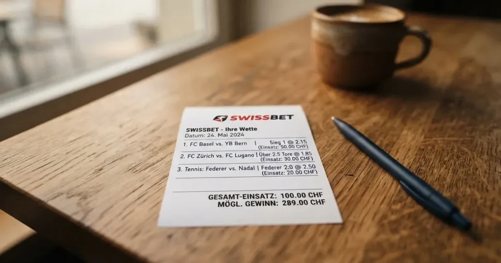 Ein leerer Wettschein aus Papier liegt neben einem Kugelschreiber auf einem Holztisch, weiches Licht fällt von der Seite.