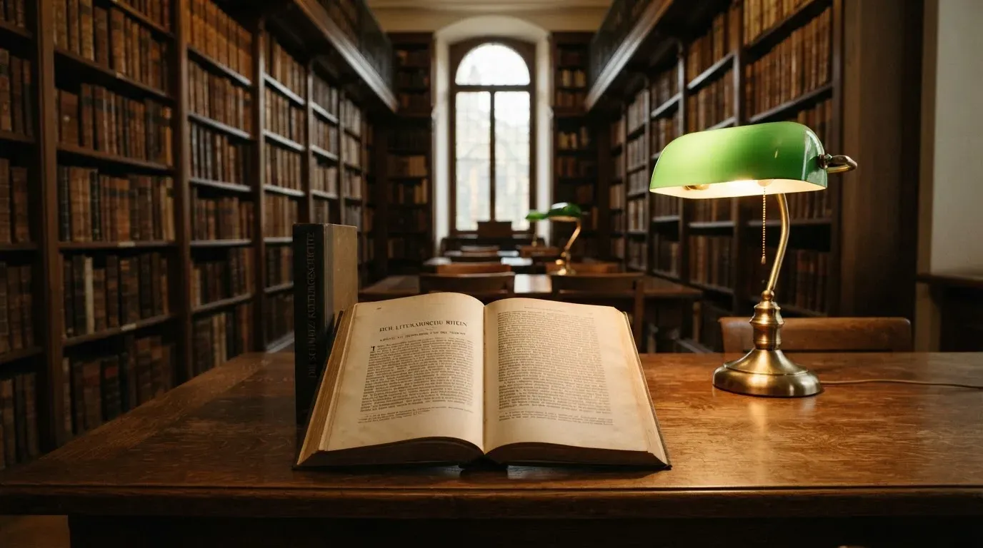 Eine Bibliothek mit hohen Holzregalen voller Bücher, im Vordergrund ein Lesetisch mit grüner Lampe.