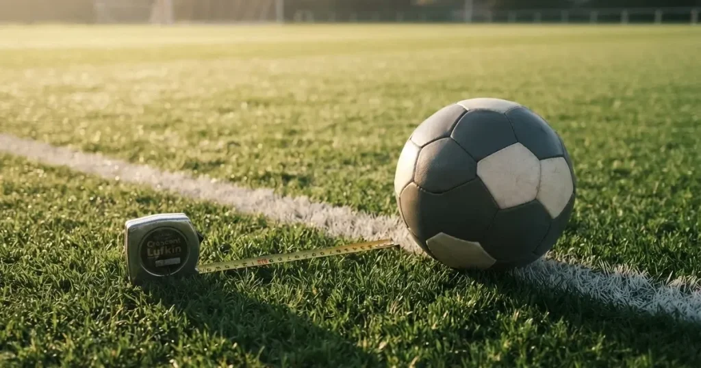 Ein Fussball und ein Massband liegen auf kurz geschnittenem Rasen neben einer Kreidelinie, Morgenlicht von der Seite.