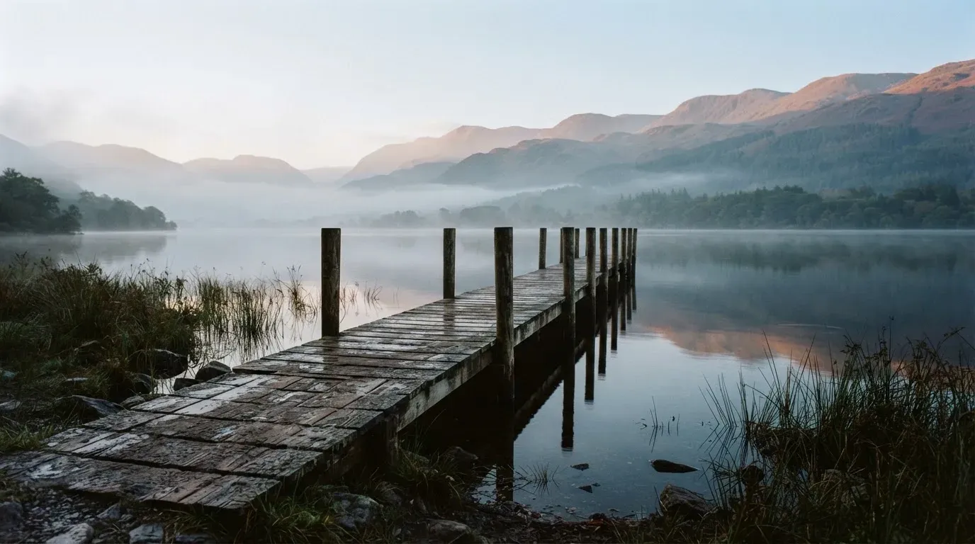 Ein Seeufer mit einem hölzernen Steg, Nebel liegt über dem Wasser, am anderen Ufer erheben sich Berge.