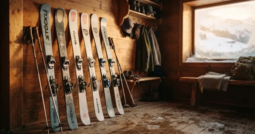 Mehrere Skier und Stöcke lehnen ordentlich in einer Reihe an der Holzwand einer Berghütte, vor dem Fenster liegt Schnee.