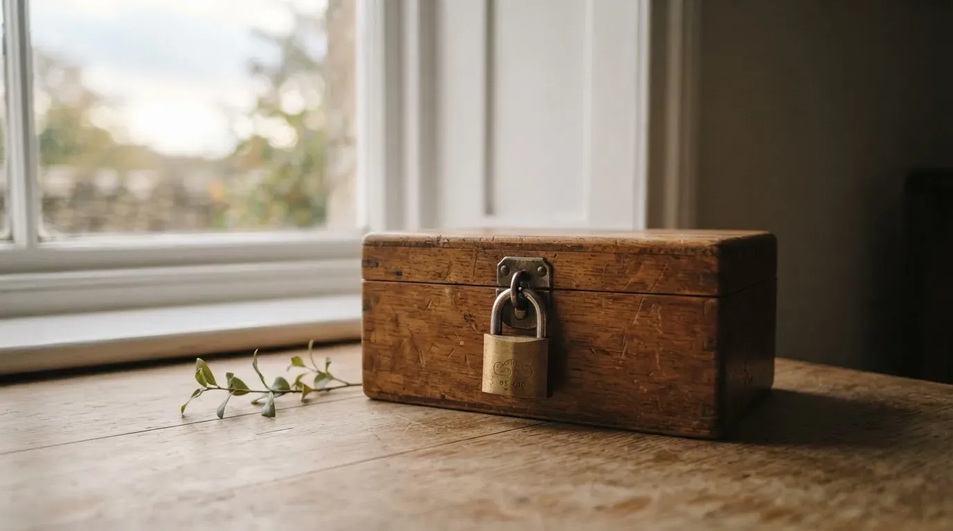 Eine verschlossene Holzkiste mit Vorhängeschloss steht auf einem Tisch im Licht eines Fensterbretts, daneben ein Zweig.