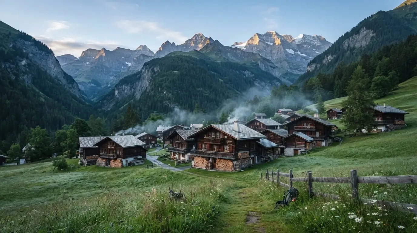 Ein Bergdorf mit Holzhäusern im Tal an einem klaren Morgen, über den Dächern liegen Nebelschwaden und Gipfel ragen in die Höhe.
