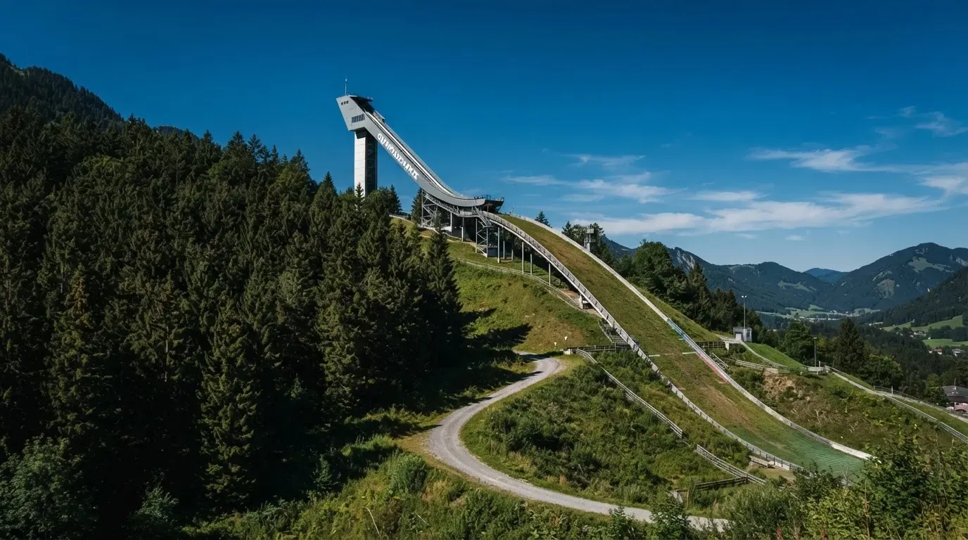 Eine Skisprungschanze auf einem Hügel unter blauem Himmel, am Hang dichter Wald und kein Mensch in Sicht.