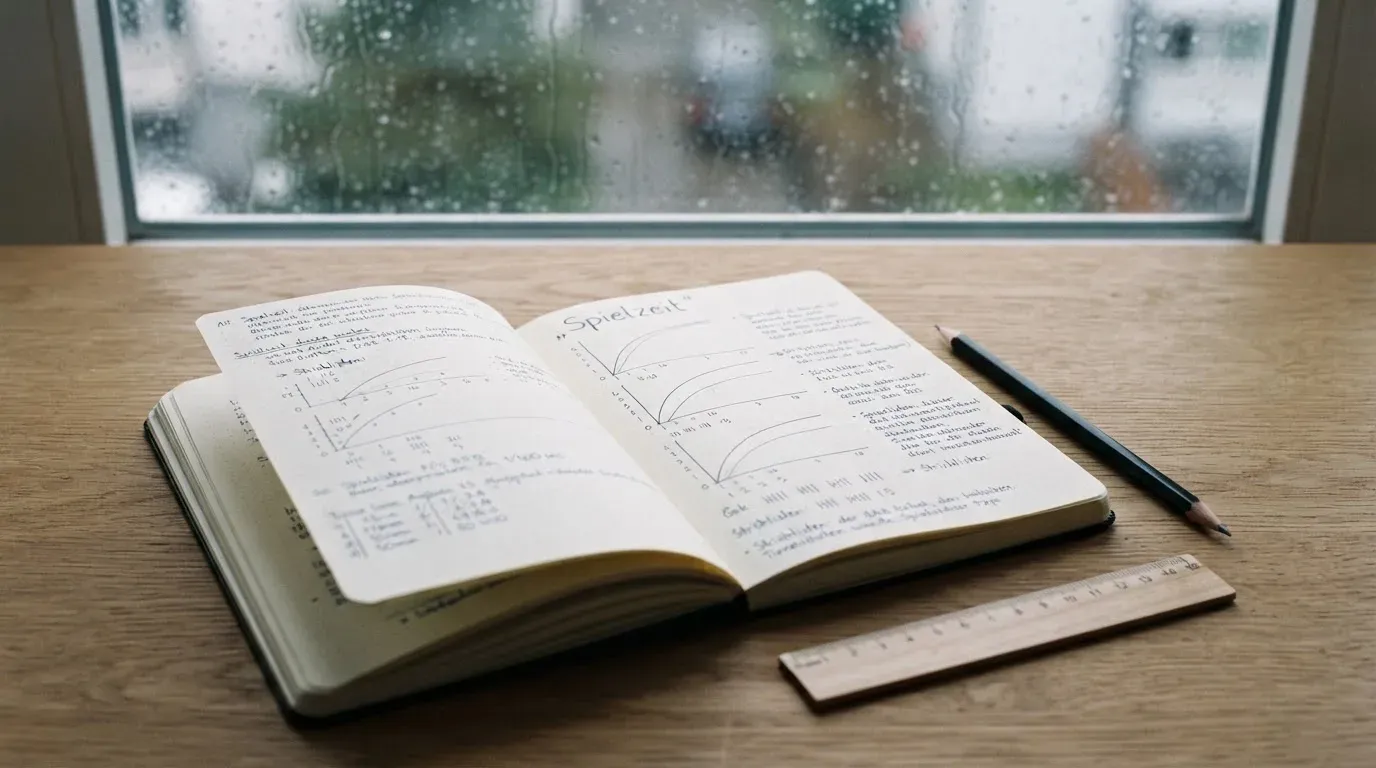 Ein Notizbuch mit handgezeichneten Kurven und Strichlisten liegt neben einem Bleistift auf einem Schreibtisch, am Fenster Regentropfen.