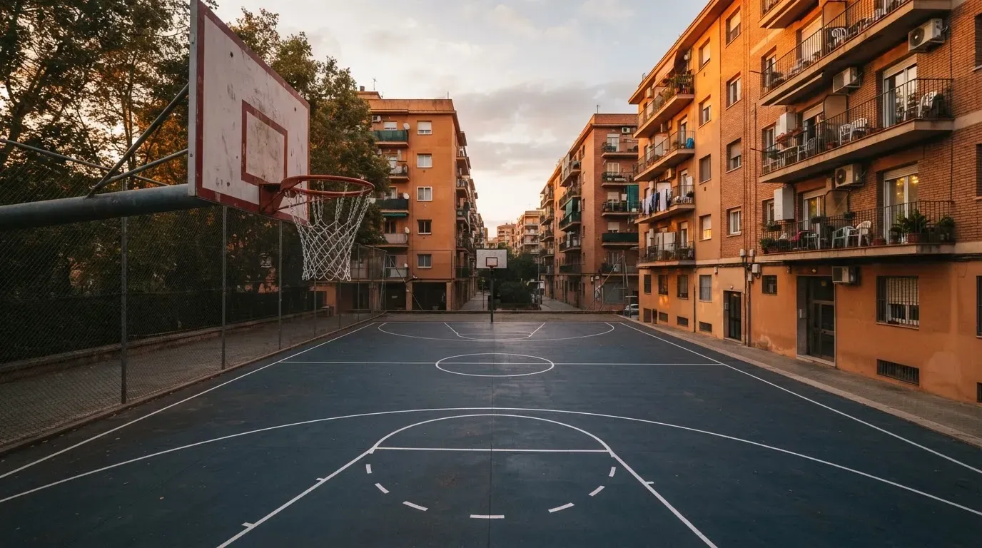 Ein Basketballkorb in einer Freiluftanlage zwischen Wohnhäusern, das Abendlicht färbt die Fassaden orange.