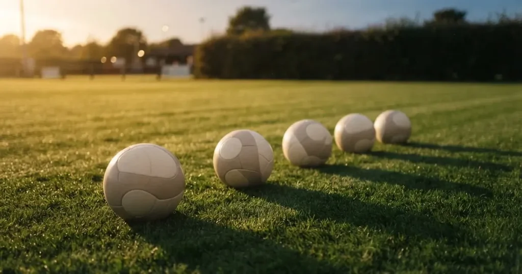 Sechs Fussbälle liegen in zwei Reihen auf einem Rasen, das flache Abendlicht zieht lange Schatten über das Gras.