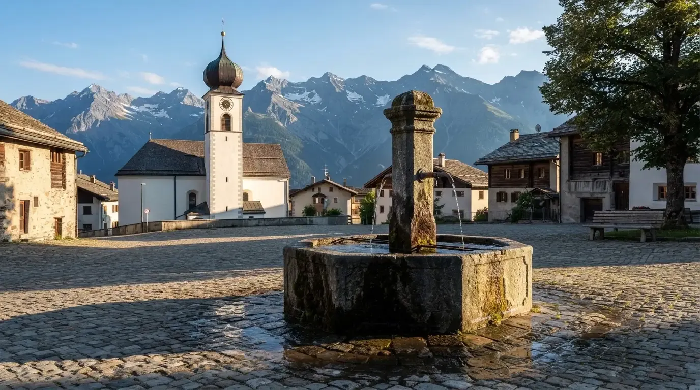 Ein Brunnen auf einem Dorfplatz mit Kopfsteinpflaster, im Hintergrund eine Kirche mit Zwiebelturm und Berge.