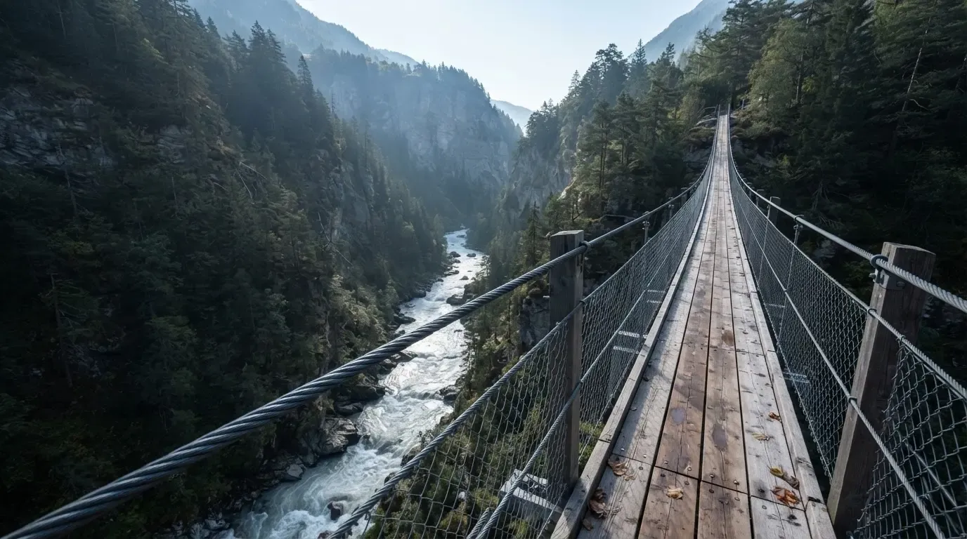 Eine Hängebrücke spannt sich über eine tiefe Schlucht, unten rauscht ein Fluss zwischen bewaldeten Felswänden.