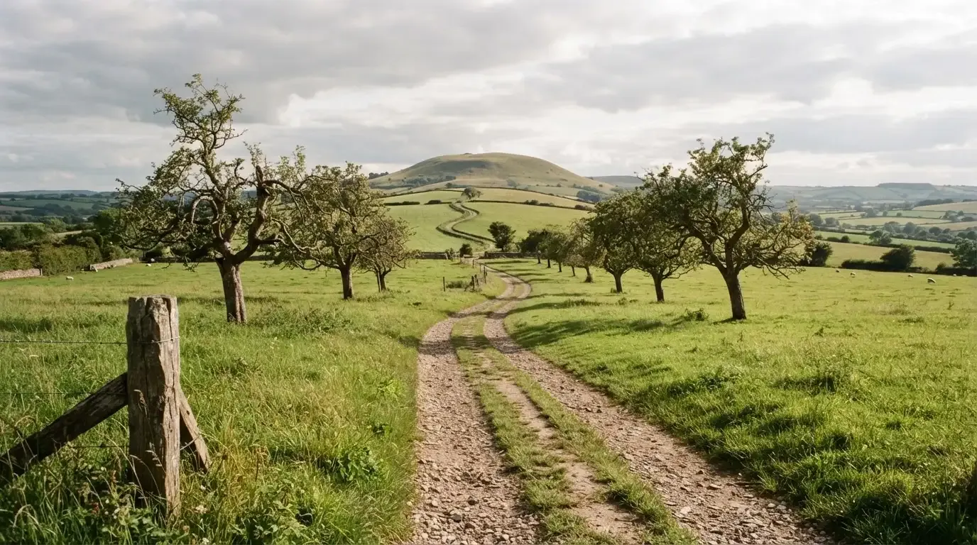 Ein Feldweg führt zwischen Wiesen zu einem Hügel, der Himmel ist bewölkt, am Wegrand stehen Obstbäume.