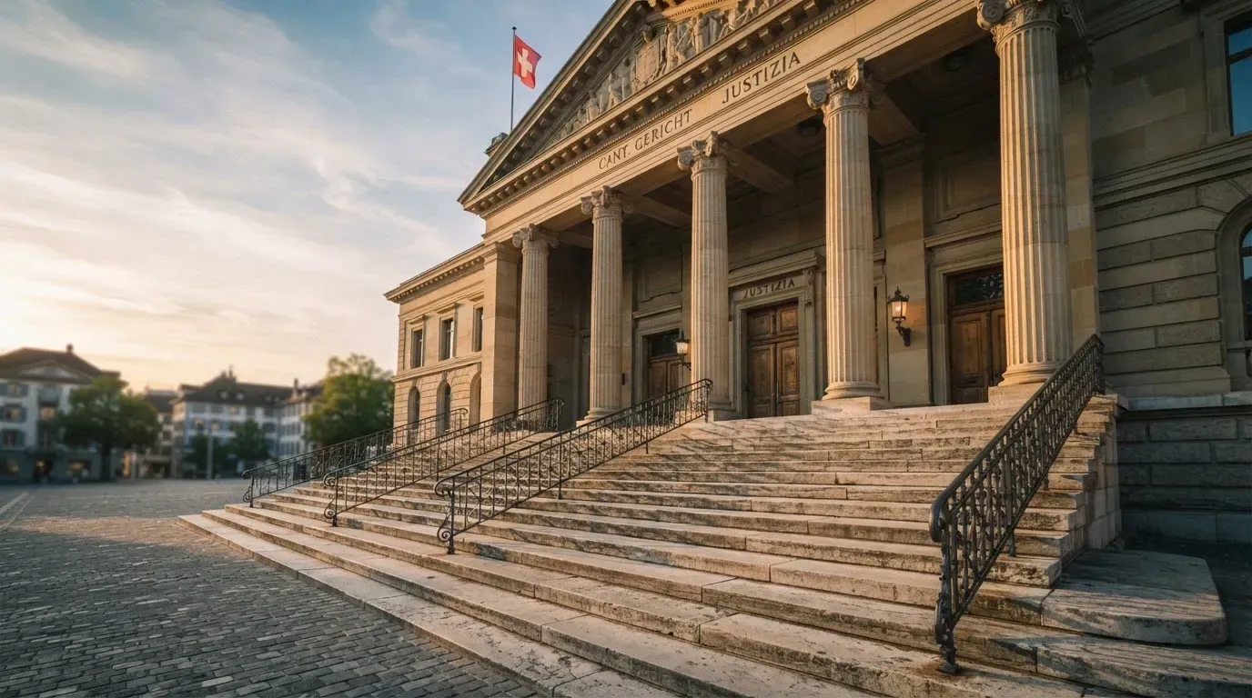 Eine breite Steintreppe führt zu einem Gebäude mit Säulen, die Morgensonne scheint, niemand ist zu sehen.