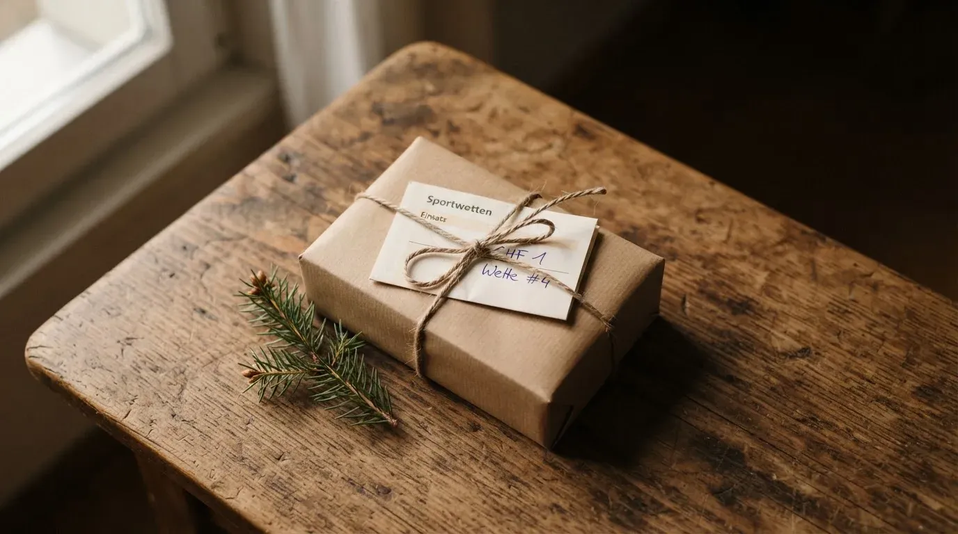 Ein kleines Päckchen in Packpapier mit Schnur liegt auf einem Holztisch, daneben ein Tannenzweig.