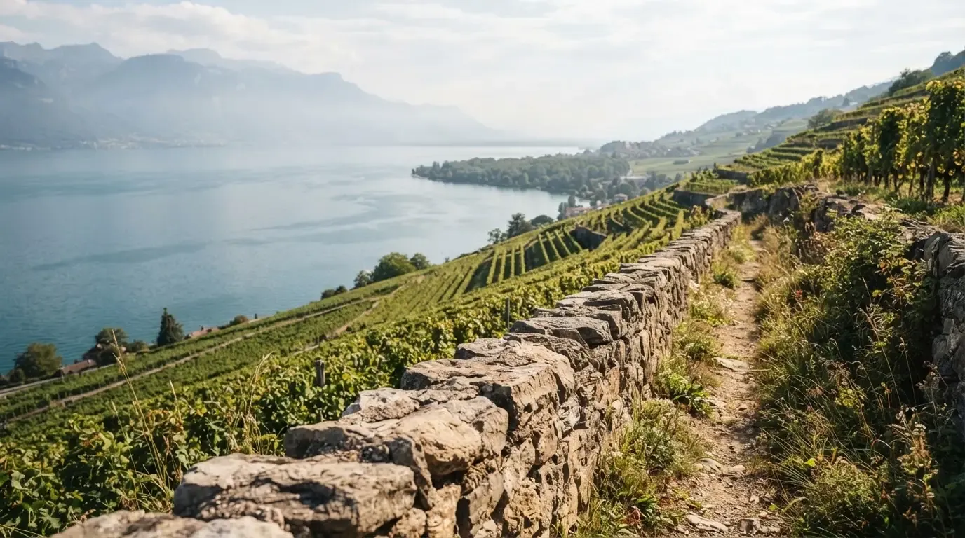 Eine Mauer aus Natursteinen am Wegrand, dahinter Weinberge, die zu einem See hinabführen.