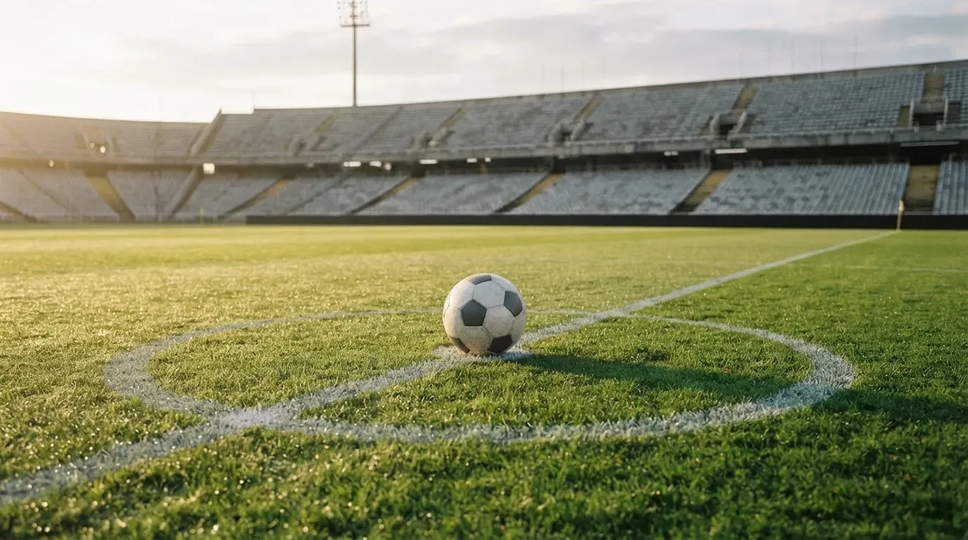 Ein Fussball liegt auf dem Anstosspunkt eines leeren Rasenplatzes im frühen Morgenlicht, dahinter erhebt sich eine menschenleere Tribüne.