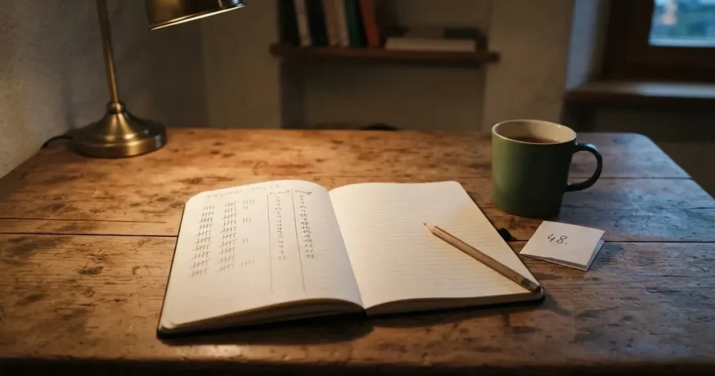 Ein aufgeschlagenes Notizbuch mit handschriftlichen Strichlisten und Spalten liegt neben einem Bleistift auf einem Holztisch im warmen Licht einer Schreibtischlampe.