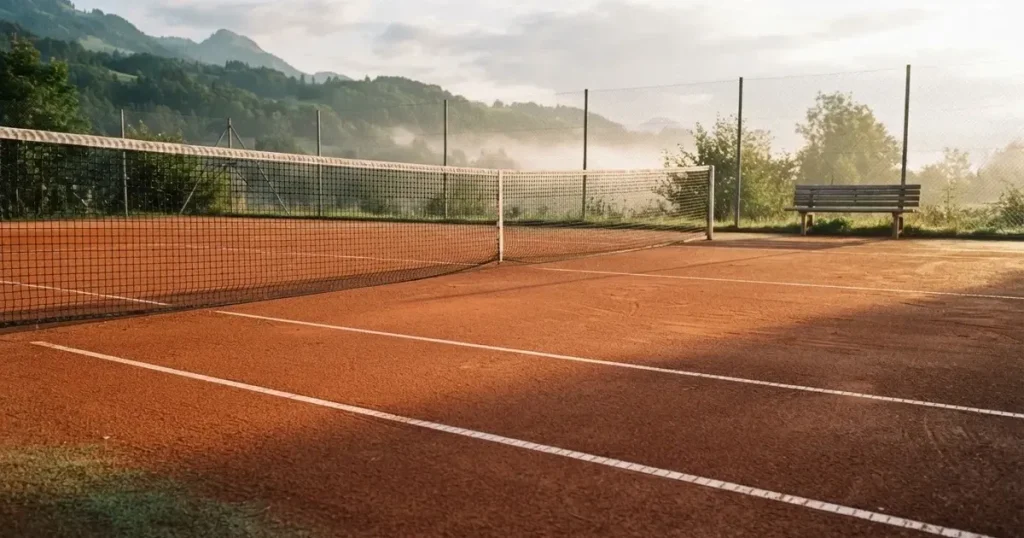 Ein Sandplatz für Tennis liegt bei Sonnenaufgang still da, das Netz wirft einen langen Schatten über die weissen Linien.