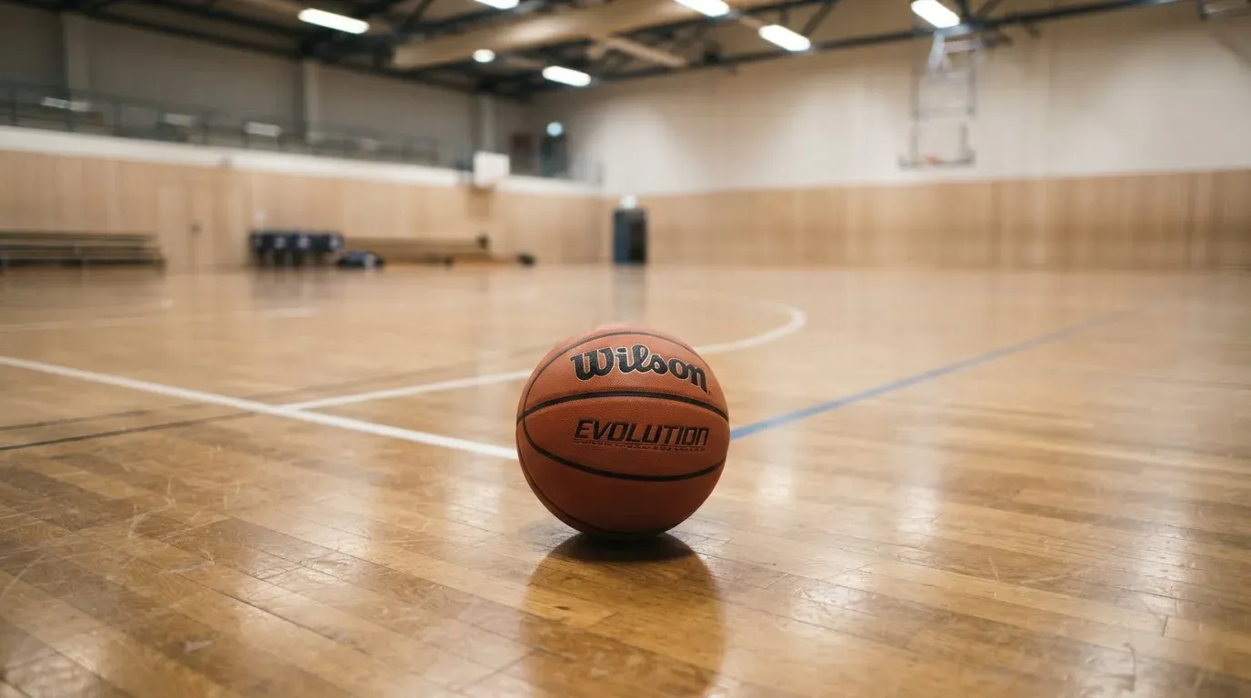 Ein Basketball liegt auf dem Parkett einer leeren Halle, von den Deckenlampen fällt gleichmässiges Licht auf den Boden.