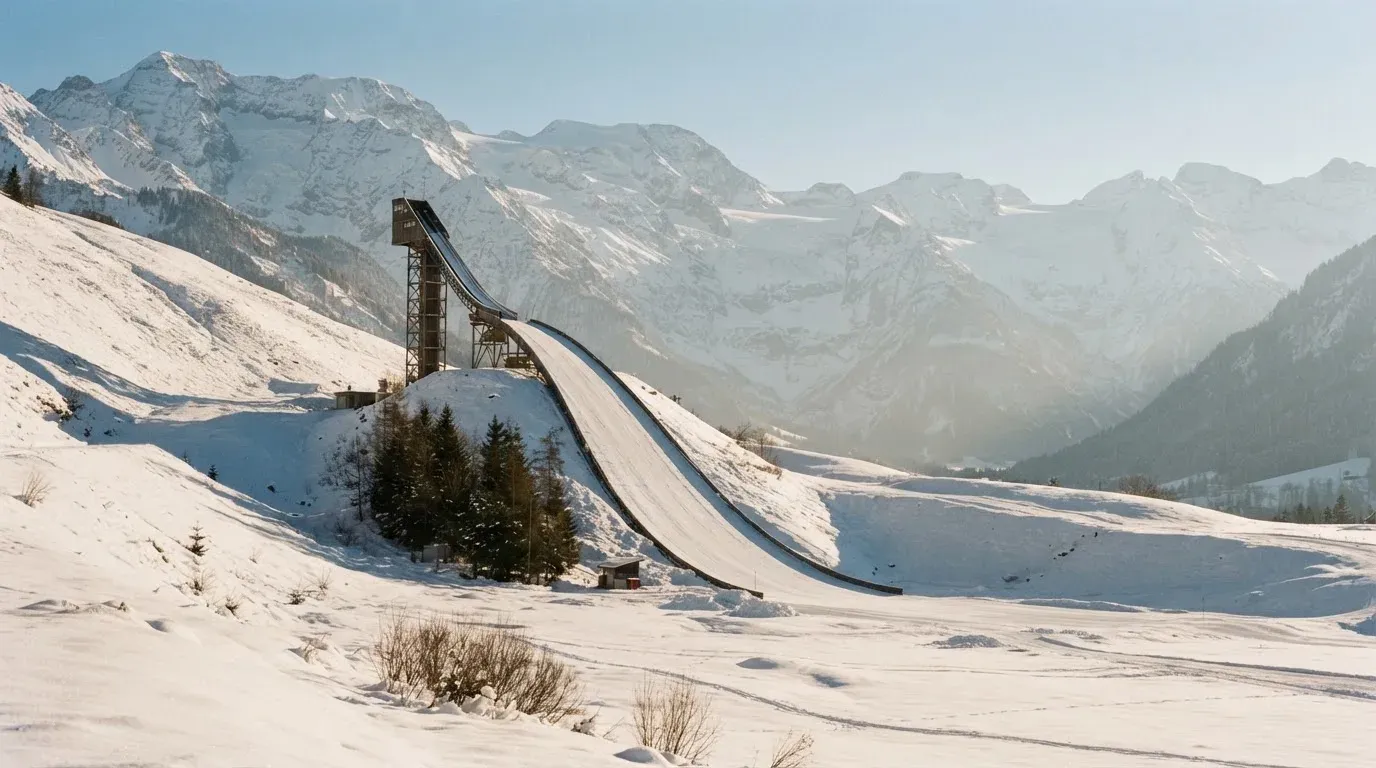 Eine Skisprungschanze erhebt sich vor verschneiten Bergen im Morgenlicht, die Hänge sind unberührt und ruhig.
