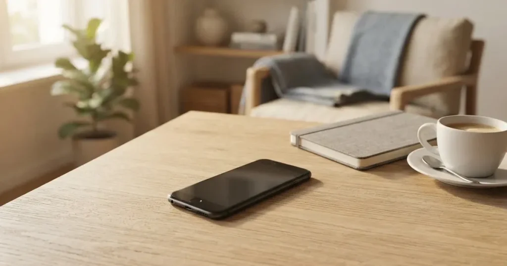 Ein Smartphone mit dunklem Display liegt neben einer Kaffeetasse auf einem hellen Tisch, daneben ein Notizblock.