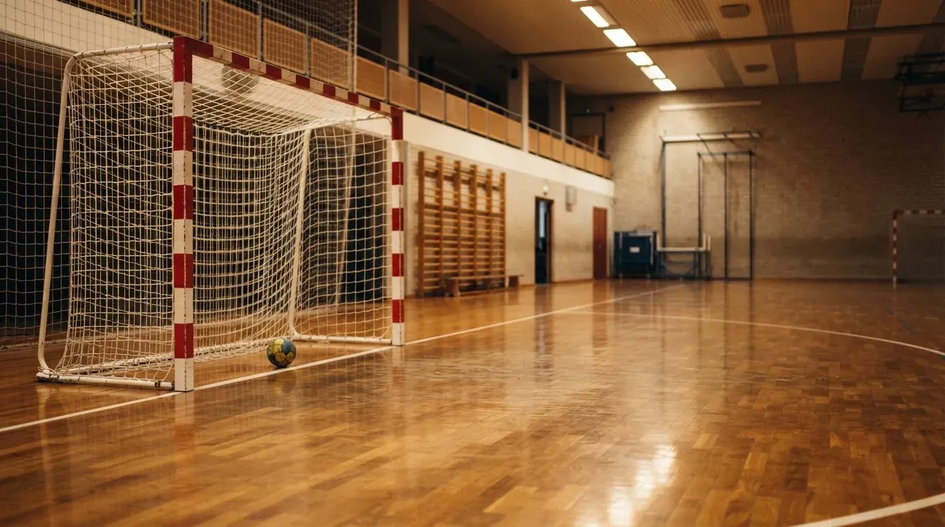 Ein Handballtor in einer leeren Sporthalle, der Ball liegt im Torraum und das Hallenlicht spiegelt sich im Parkett.