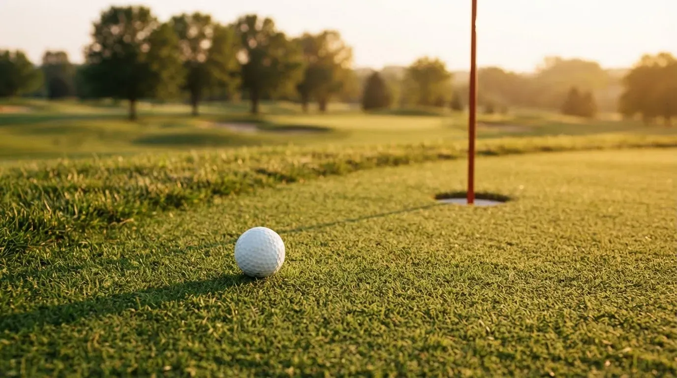 Ein Golfball liegt auf einem gepflegten Grün nahe am Loch, im goldenen Licht der Abendsonne.