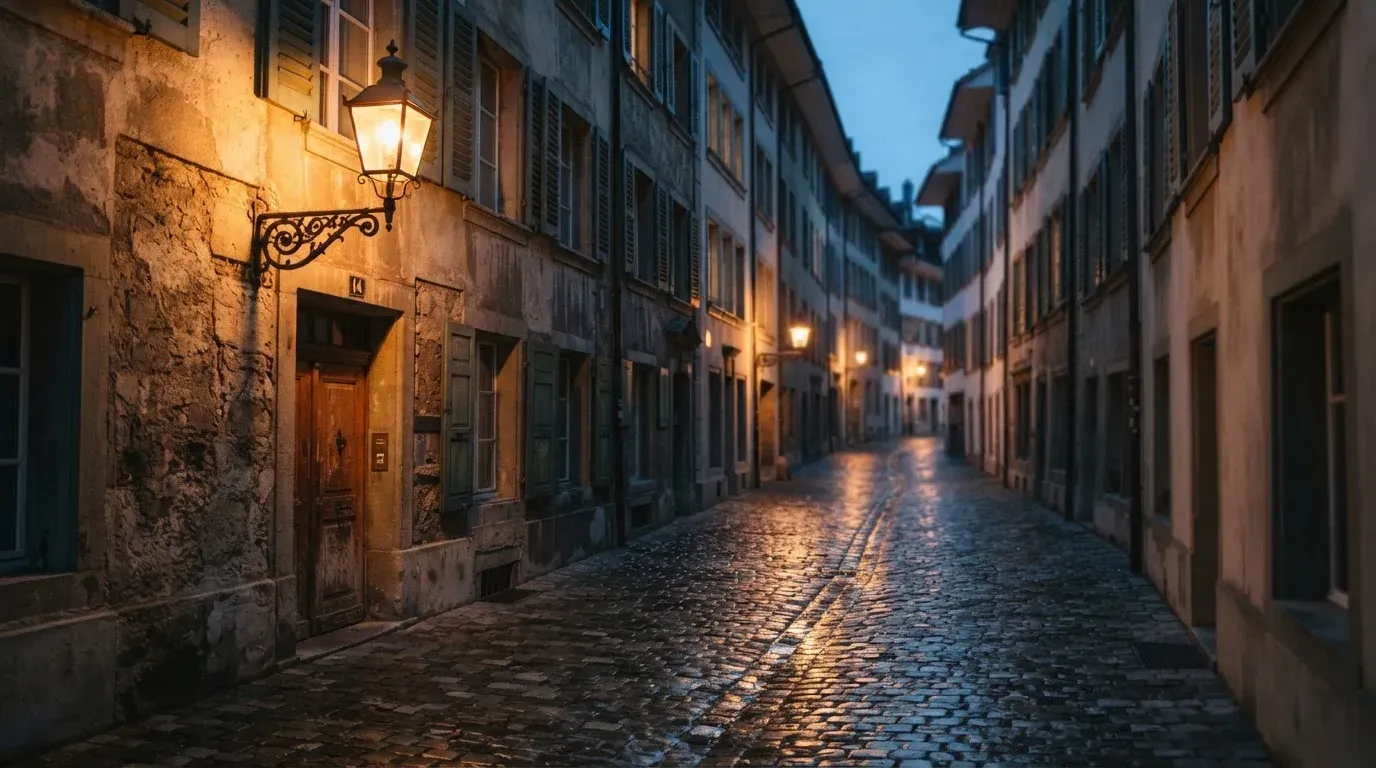 Eine gusseiserne Strassenlaterne in einer ruhigen Altstadtgasse am Abend, das Kopfsteinpflaster glänzt feucht.