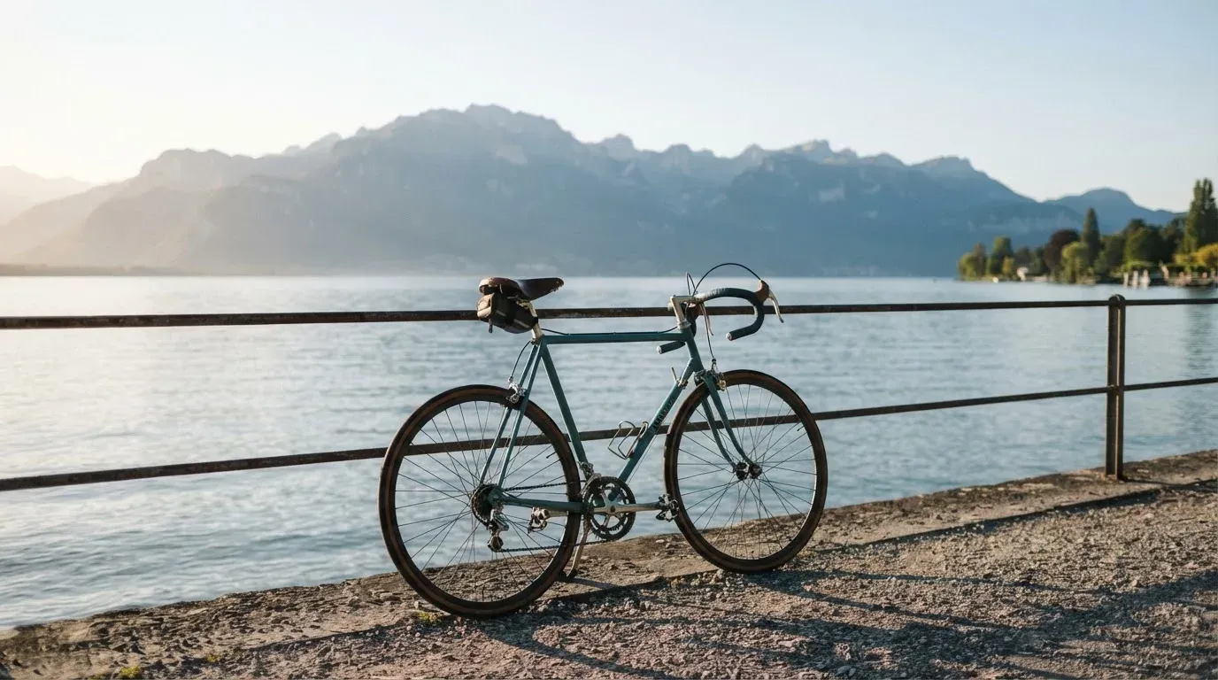 Ein Rennrad lehnt an einem Geländer am Seeufer, dahinter liegt ruhiges Wasser vor einer Bergkette.