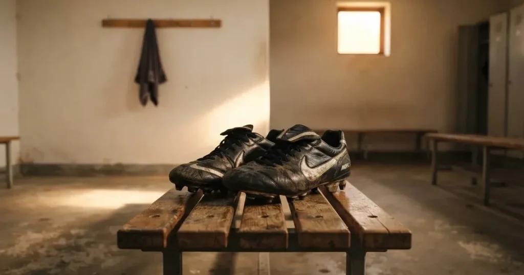 Ein Paar Fussballschuhe steht auf einer Holzbank in einer leeren Umkleide, Morgenlicht fällt durch ein kleines Fenster.