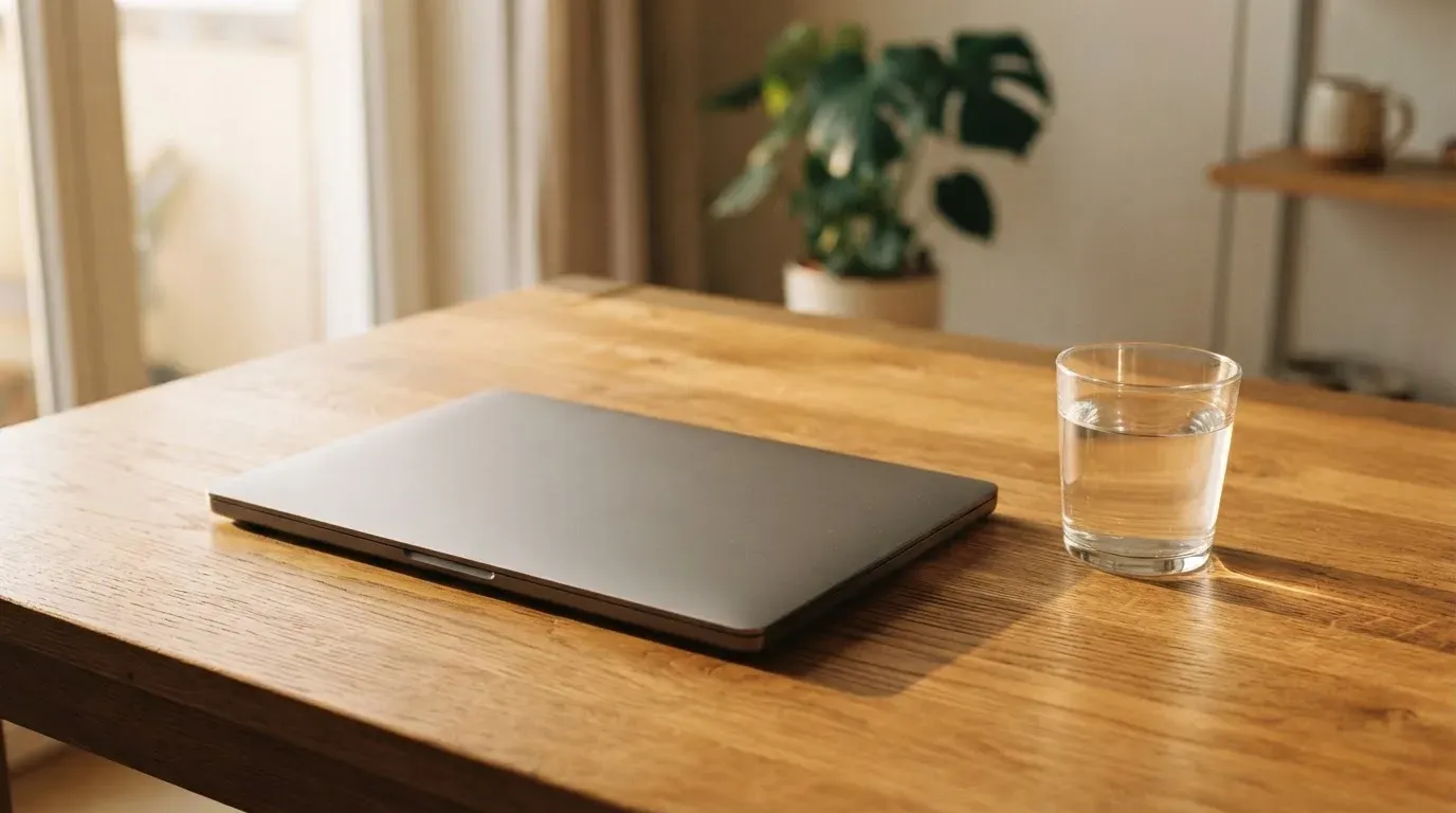 Ein geschlossener Laptop steht neben einem Glas Wasser auf einem Küchentisch im Licht des frühen Morgens.