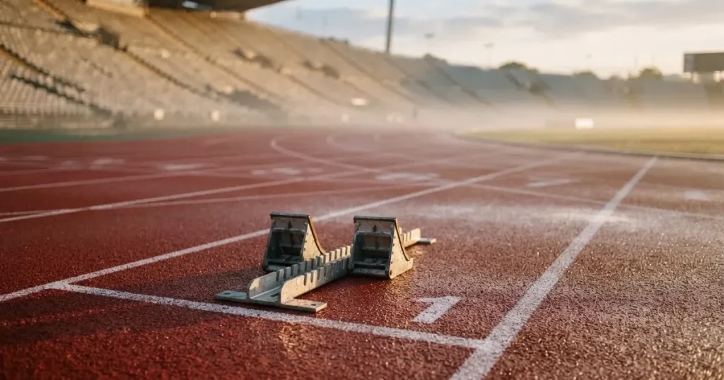 Eine leere Laufbahn mit Startblöcken in einem Stadion am Morgen, die roten Bahnen glänzen vom Tau.