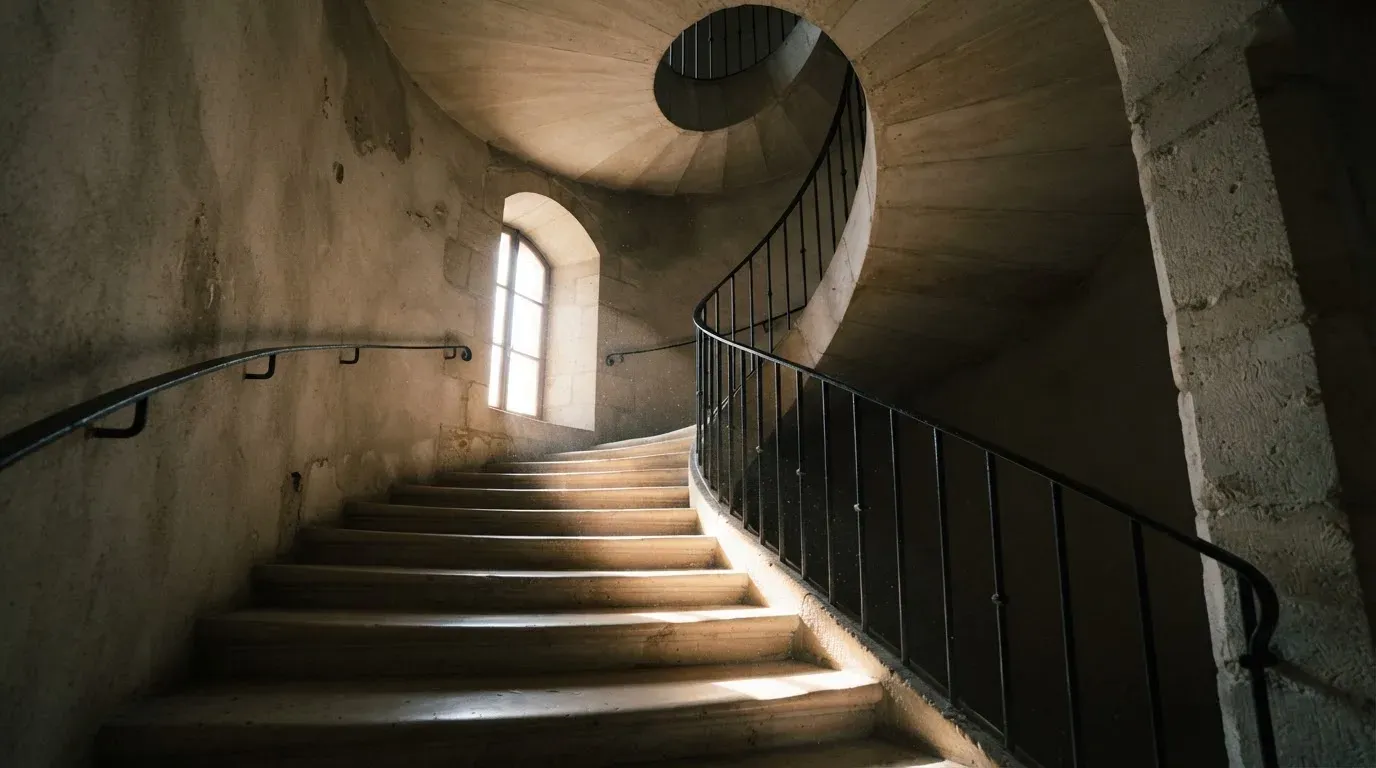 Eine Wendeltreppe aus Stein in einem alten Gebäude, Licht fällt durch ein schmales Fenster auf die Stufen.