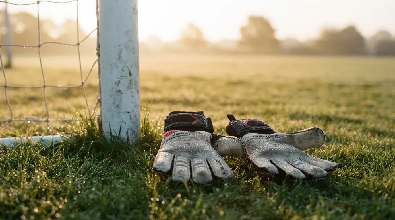 Ein Paar Torwarthandschuhe liegt auf dem Rasen neben einem Torpfosten, der Tau glitzert im Morgenlicht.
