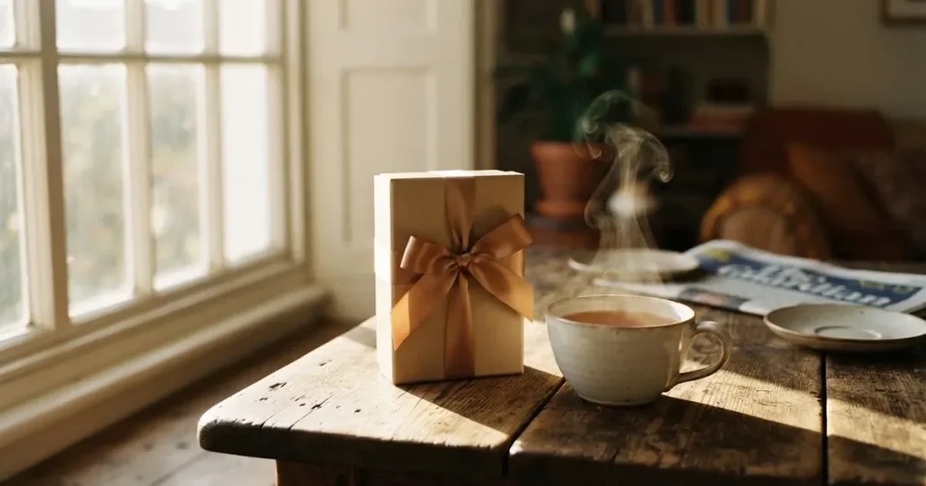 Eine kleine Geschenkschachtel mit Band steht auf einem Holztisch neben einer Tasse Tee im Licht eines Fensters.