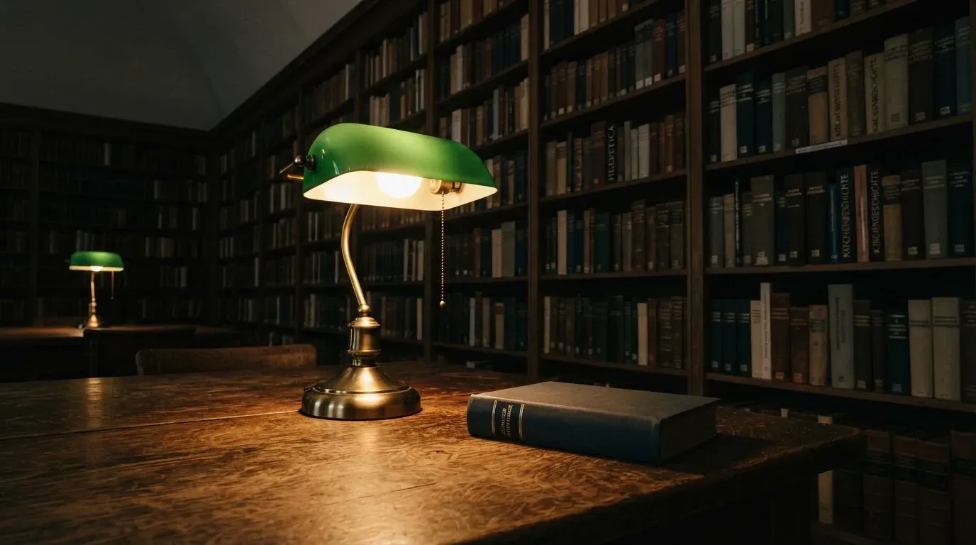 Eine Tischlampe mit grünem Schirm leuchtet auf einem Schreibtisch in einer stillen Bibliothek mit hohen Regalen.