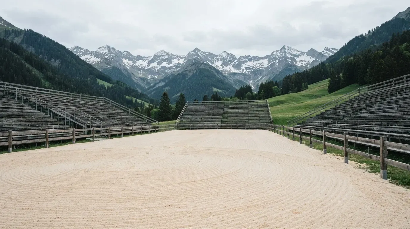 Ein Sägemehlring zwischen Tribünen aus Holz vor Alpenkulisse, ruhig und menschenleer unter bewölktem Himmel.