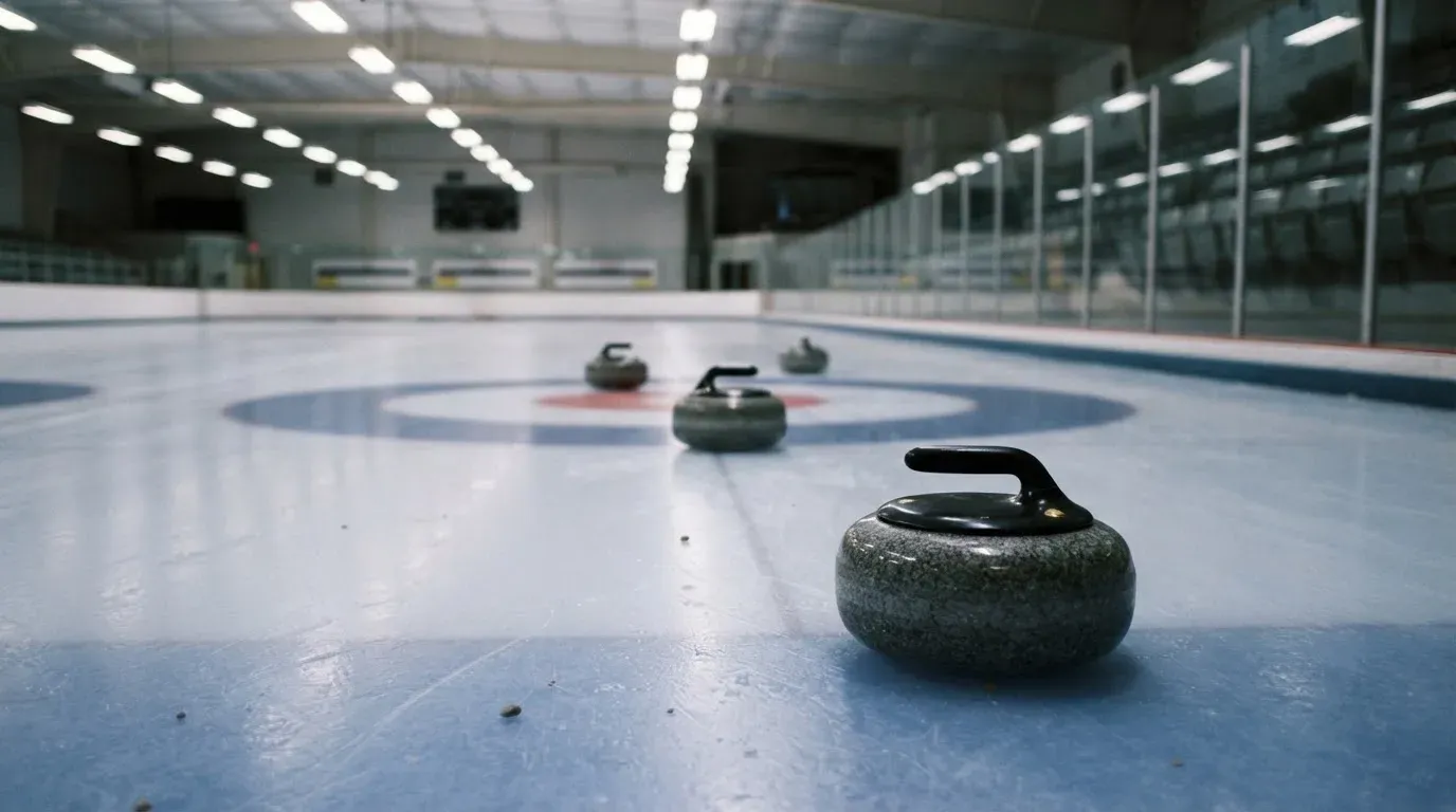 Mehrere Curlingsteine liegen auf einer glatten Eisfläche in einer leeren Halle, Deckenlicht spiegelt sich im Eis.