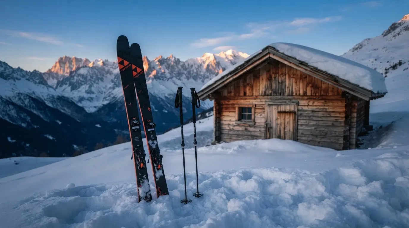 Ein Paar Ski steckt aufrecht im Schnee vor einer Berghütte, im Hintergrund färbt der Sonnenaufgang die Gipfel.
