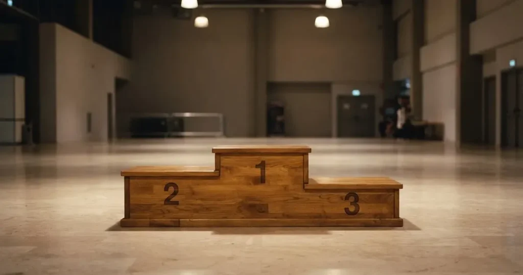 Ein dreistufiges Siegerpodest aus Holz steht in einer leeren Halle, helle Deckenlampen werfen weiche Schatten.