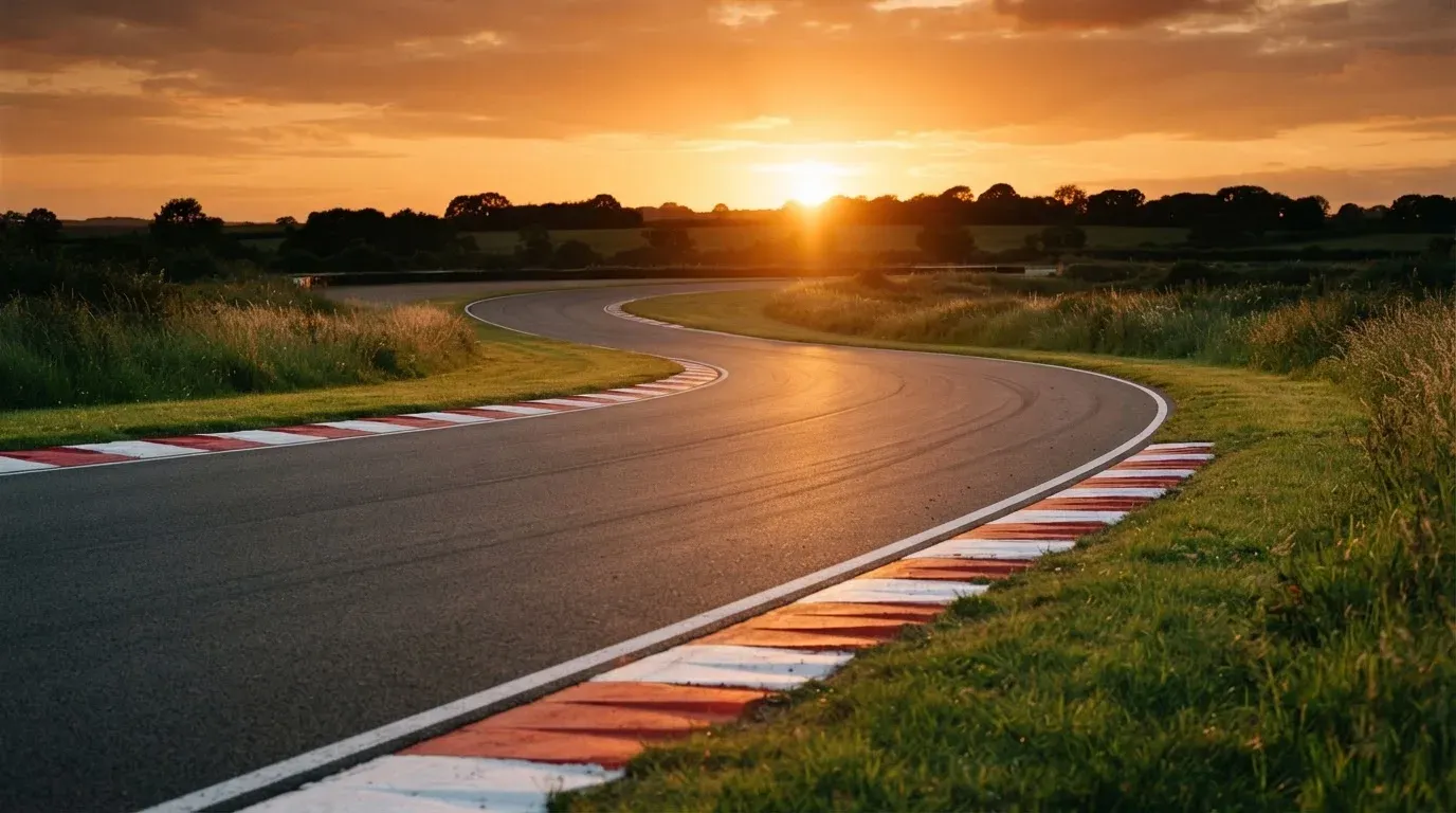 Eine leere Rennstrecke mit rot-weissen Randsteinen im Licht der untergehenden Sonne, Asphalt und Wiese im Gegenlicht.