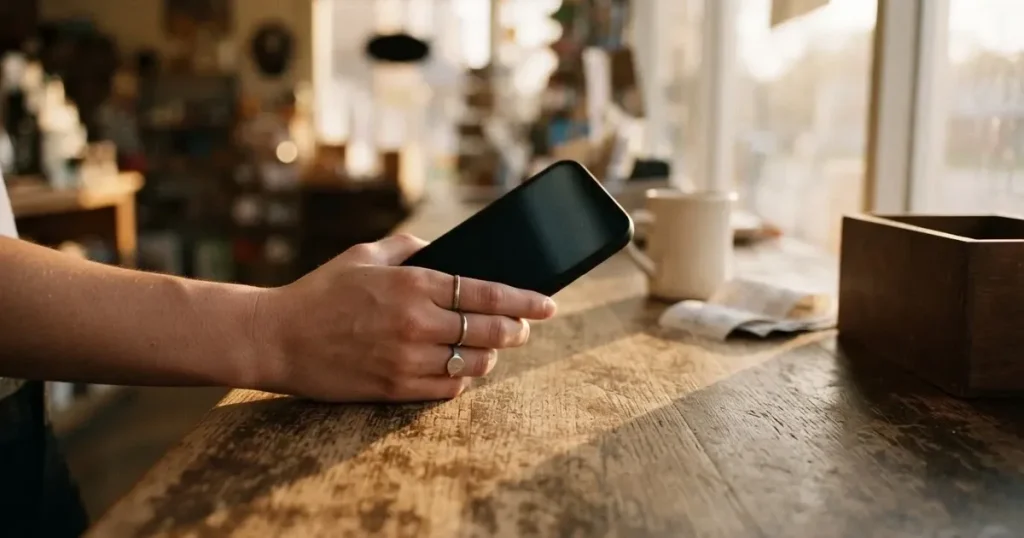 Eine Hand hält ein Smartphone mit dunklem Display knapp über eine hölzerne Ladentheke in einem kleinen Geschäft.