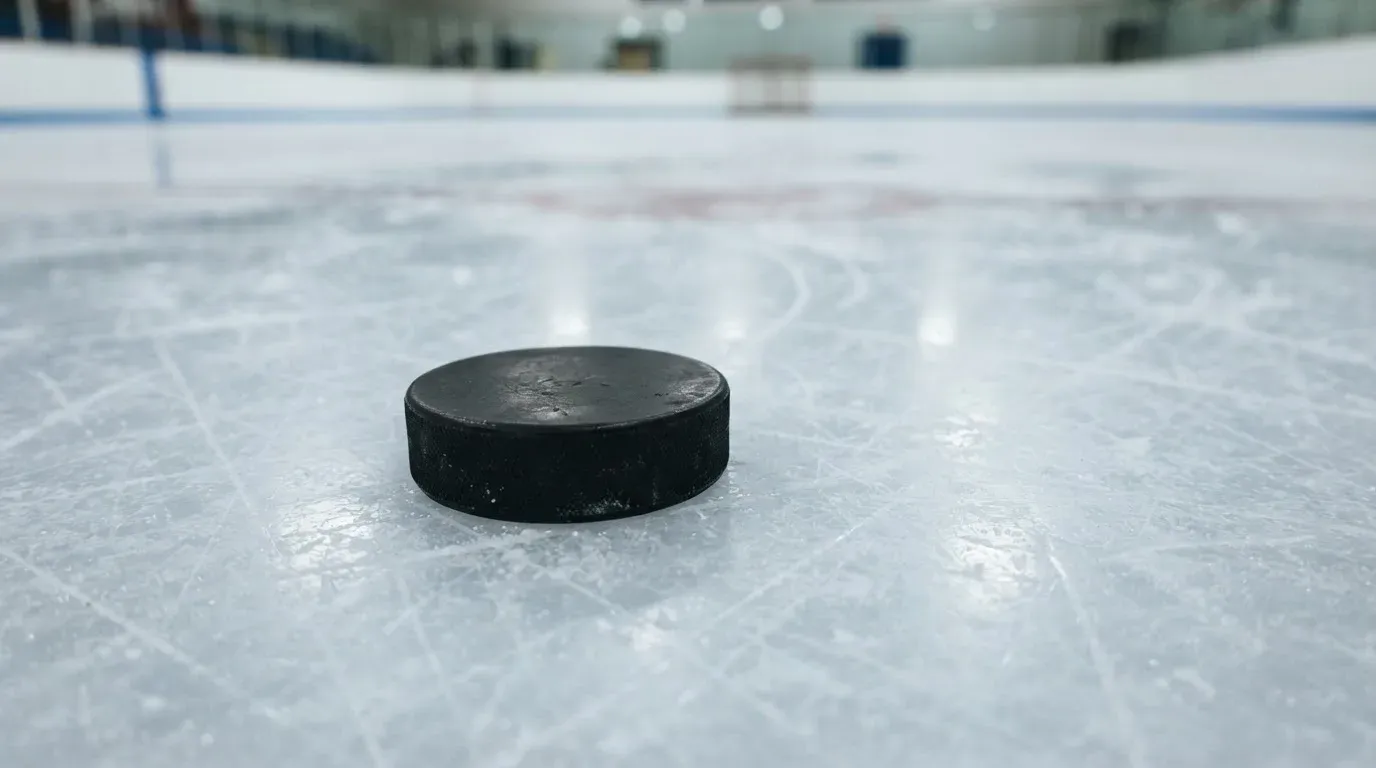 Ein Eishockeypuck liegt in Grossaufnahme auf der Eisfläche, feine Kratzer im Eis glänzen im hellen Hallenlicht.