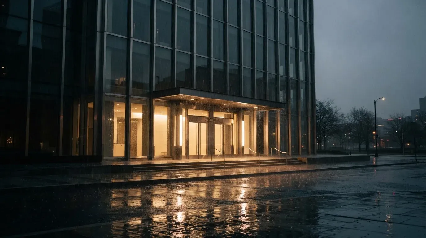 Eine Fassade aus Glas und Stahl am Eingang eines Bürogebäudes im Regen, auf dem nassen Boden spiegelt sich das Licht.