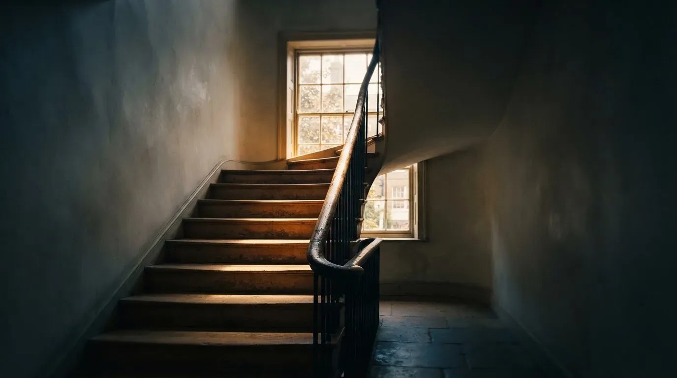 Ein Holzgeländer an einer Treppe in einem Altbau, durch ein Fenster fällt Licht auf die abgetretenen Stufen.